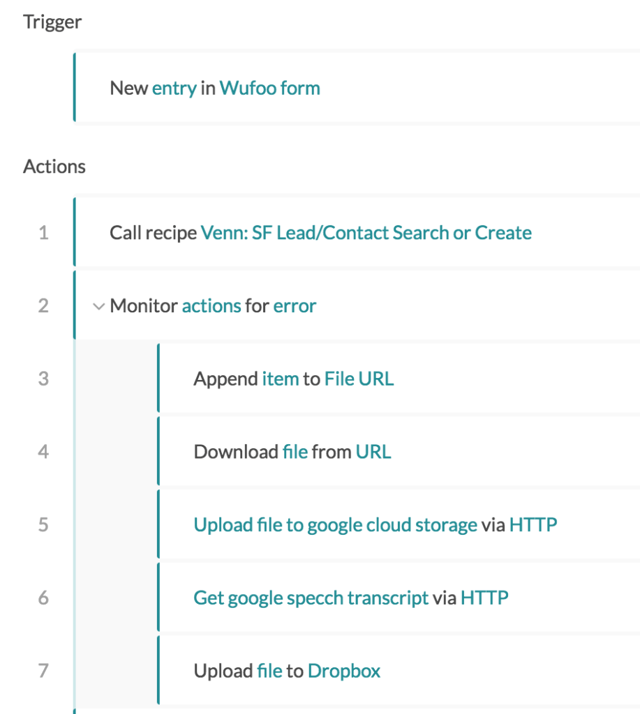 Sending audio files to Google Cloud for transcription via Workato