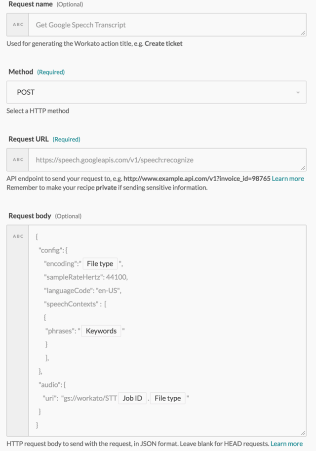 Sending audio files to Google Cloud for transcription via Workato